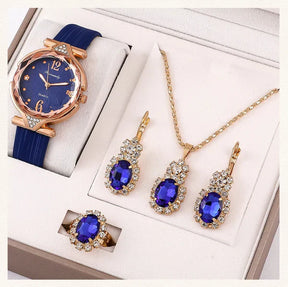 Kit – Reloj de Pulsera + Collar, Par de Aros y Anillo de Regalo